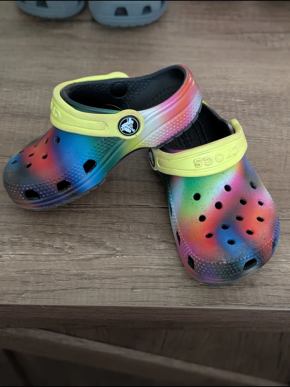 CROCS Kids Rainbow Tie-Dye Clogs with Yellow Straps